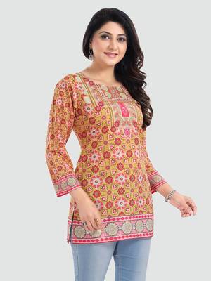 Yellow printed crepe short-kurtis 2