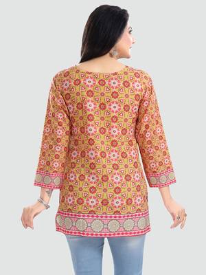 Yellow printed crepe short-kurtis 3