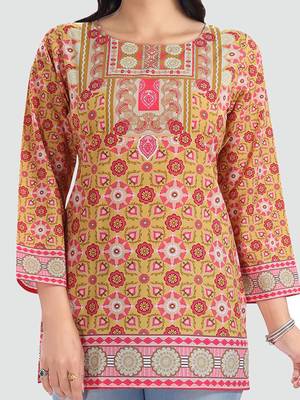 Yellow printed crepe short-kurtis 4