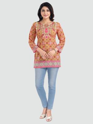 Yellow printed crepe short-kurtis 5