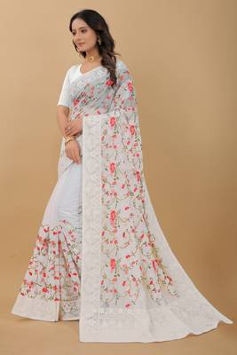Fashion Kreza  Women's Cotton Thread Work Organza Saree with Blouse Blouse Piece 4
