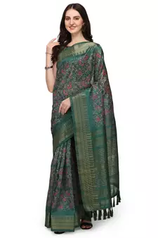 Green printed cotton silk saree with blouse