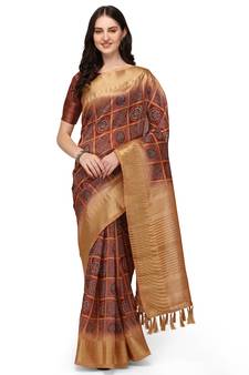 Red printed cotton silk saree with blouse