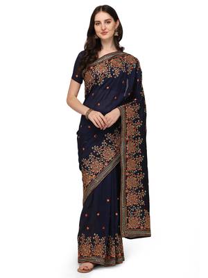 Blue embroidered georgette saree with blouse 1