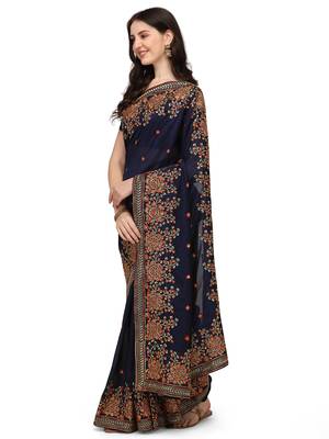 Blue embroidered georgette saree with blouse 2