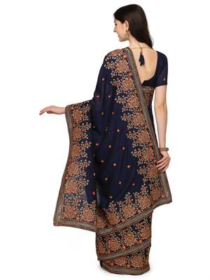 Blue embroidered georgette saree with blouse 3