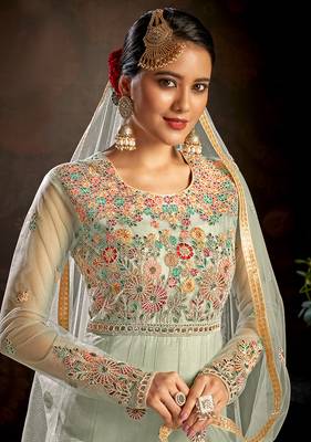 Light-sea-green embroidered net salwar 3