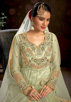Light-olive embroidered net salwar 3