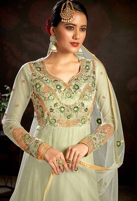 Light-olive embroidered net salwar 4