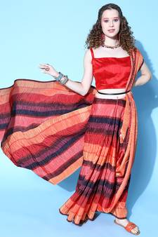 Brown Printed Satin Saree With Blouse