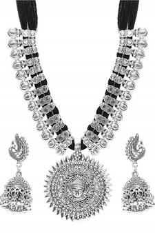 Black Thread Temple Motif Durga feminine necklace sets with earrings