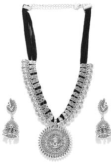 Black Thread Temple Motif Durga feminine necklace sets with earrings