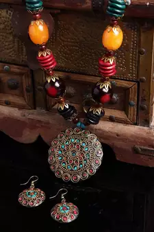 Designer Tribal Stone Work Necklace set with Earrings