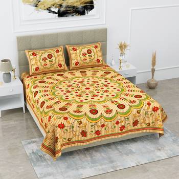 Jaipuri Sanganeri Prints Cotton Bed Sheet For Double Bed With Two Pillow Cover Size 90 x 100 Inch 1