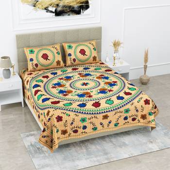 Jaipuri Sanganeri Prints Cotton Bed Sheet For Double Bed With Two Pillow Cover Size 90 x 100 Inch 1