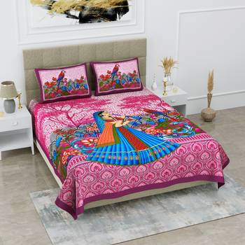 Jaipuri Sanganeri Prints Cotton Bed Sheet For Double Bed With Two Pillow Cover Size 90 x 100 Inch 1