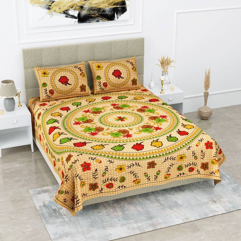 Jaipuri Sanganeri Prints Cotton Bed Sheet For Double Bed With Two Pillow Cover Size 90 x 100 Inch