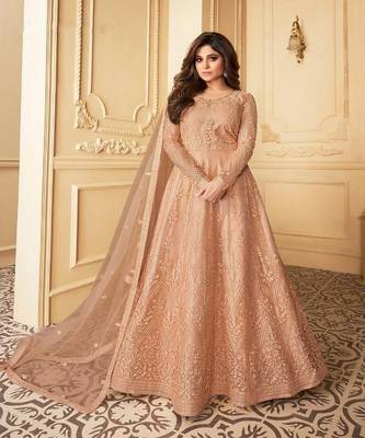Peach embroidery net semi stitch anarkali gowns 1