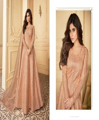 Peach embroidery net semi stitch anarkali gowns 3