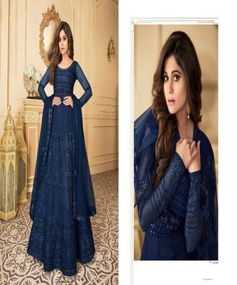 royal blue embroidery net semi stitch anarkali gowns 3