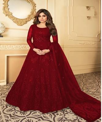 Maroon embroidery net semi stitch anarkali gowns 1