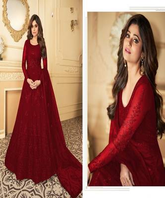 Maroon embroidery net semi stitch anarkali gowns 3