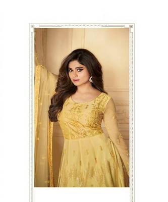 Yellow embroidery net semi stitch anarkali gowns 2