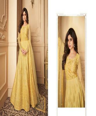 Yellow embroidery net semi stitch anarkali gowns 3
