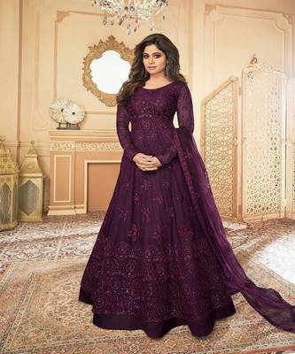 Purple embroidery net semi stitch anarkali gowns 1