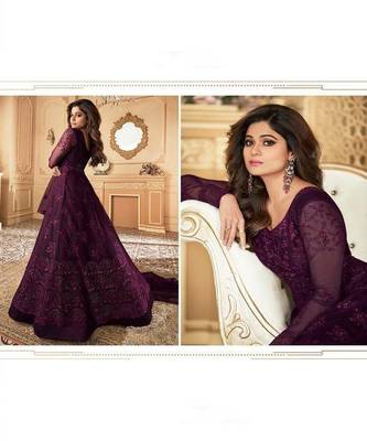 Purple embroidery net semi stitch anarkali gowns 2