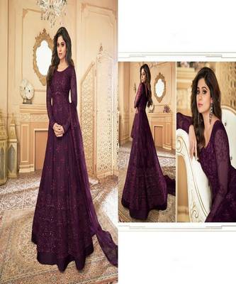 Purple embroidery net semi stitch anarkali gowns 3