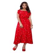 Red Slub Cotton Casual Wear Abstract Print Kurti.