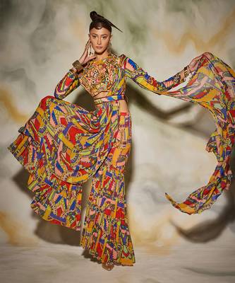 Neon Geometric Printed Gharara Saree Set And Printed Leather Belt 2