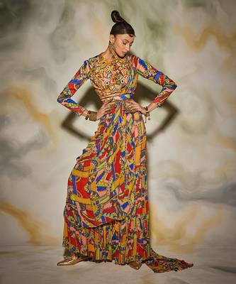 Neon Geometric Printed Gharara Saree Set And Printed Leather Belt 1