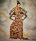 Neon Geometric Printed Gharara Saree Set And Printed Leather Belt