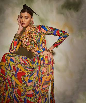 Neon Geometric Printed Gharara Saree Set And Printed Leather Belt 3