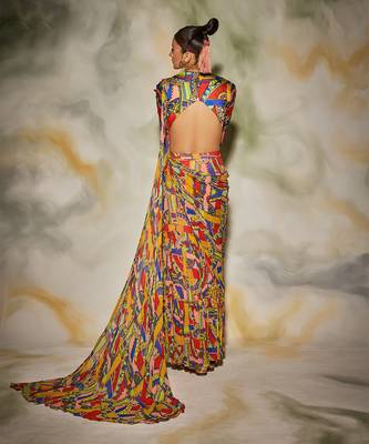Neon Geometric Printed Gharara Saree Set And Printed Leather Belt 4