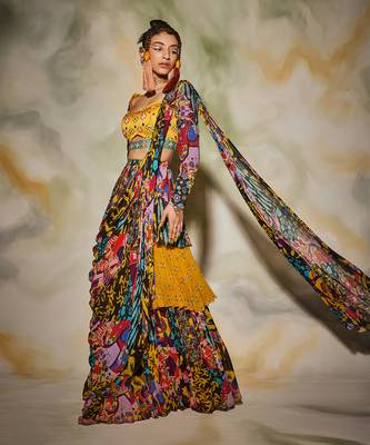Yellow & Blue Aztec Printed Layer Skirt Saree Set 1