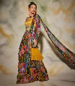 Yellow & Blue Aztec Printed Layer Skirt Saree Set