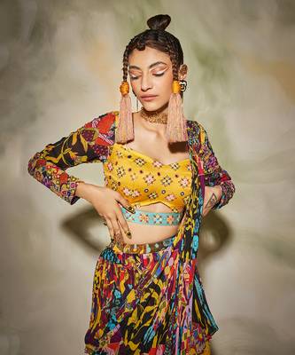Yellow & Blue Aztec Printed Layer Skirt Saree Set 2