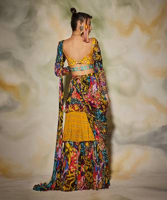 Yellow & Blue Aztec Printed Layer Skirt Saree Set 3