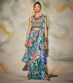 Blue Aztec Printed Saree Set With Potli Bag