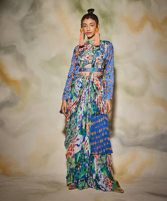 White & Blue Aztec Butta Printed Saree Set 1