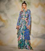 White & Blue Aztec Butta Printed Saree Set