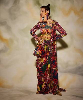 Purple Aztec Print Side Slit Open Sharara Saree Set & Potli Bag 1