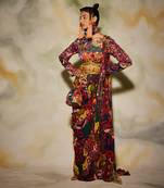 Purple Aztec Print Side Slit Open Sharara Saree Set & Potli Bag