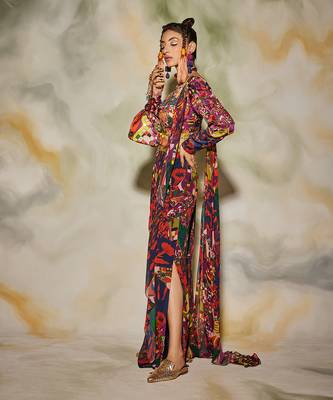Purple Aztec Print Side Slit Open Sharara Saree Set & Potli Bag 2