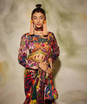 Purple Aztec Print Side Slit Open Sharara Saree Set & Potli Bag 3