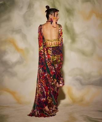 Purple Aztec Print Side Slit Open Sharara Saree Set & Potli Bag 4