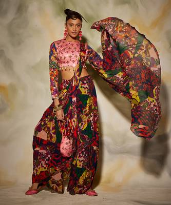 Pink Saree Set With Drop Potli Bag 1